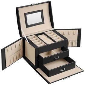 Ékszerdoboz, zárható ékszertartó 2 fiókkal, fekete