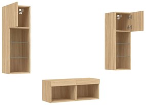 4 darab sonoma tölgy színű falra szerelhető TV-szekrény LED-del