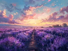 Vászonkép Canvas Tájkép Mező Levendula Virágok Napnyugta 80x60