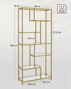 Könyvespolc, 6 szintes magas könyvszekrény 30 × 80 × 180 cm, fémes arany színben