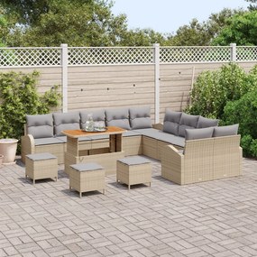 14 darabos kerti kanapészett párnákkal Bézs Poli Rattan Akácia, 2 fős kerti kanapé párnákkal Bézs Poli Rattan, 4 darabos kerti étkező szett párnákkal Bézs Poli Rattan Akácia
