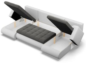 Tokio U alakú sarokkanapé, 3 ágyneműtartóval, bársony + műbőr, univerzális oldal, szürke - fehér