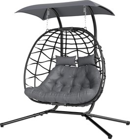 Outsunny Függő Szék Hajtható Állvánnyal, Függő Kosárral, Párnával és Napernyővel, Műanyag Rattan, Két Személyes, Kültéri Hinta, 260 kg Teherbírás, Erk
