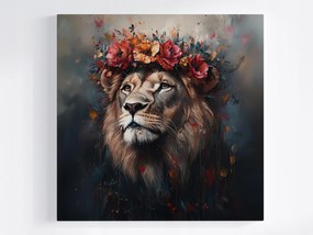 Vászonkép Canvas Portré Állat Oroszlán Király Koszorú Virágok Boho 80x80