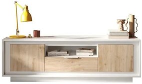 SKY 2.0 TV-szekrény 2 ajtóval és 1 fiókkal, fehér matt lakkozott vázzal, Cadiz tölgy mintázatú laminált előlapokkal
