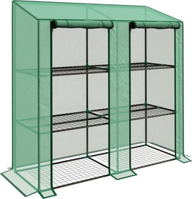 Outsunny 3-Szintes Kerti Üvegház Terasz Üvegház Polcokkal, Rézsűs Tetővel és 2 Cipzáras Ajtóval Növénytermesztéshez 143x46x141/151 cm Zöld | Aosom