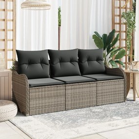 3 részes kerti kanapészett párnákkal szürke poli rattan, 2 személyes kerti kanapé tárolóval és párnákkal szürke poli rattan