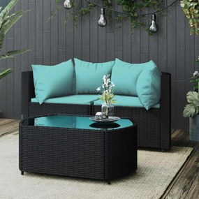 3 részes fekete polyrattan kerti ülőgarnitúra párnákkal