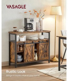 Komód elhúzható ajtókkal és nyitott polcokkal, rusztikus barna.