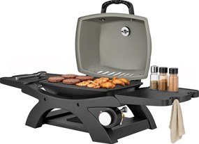 Outsunny 3,3 kW hordozható asztali gázgrill — 1 égő, összecsukható oldalsó polcok, öntöttvas rácsok, kivehető zsírfelfogó tálca és hőmérő — teraszra é