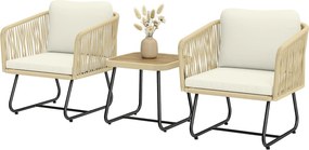 Outsunny 3 részes rattan bisztró szett akác lamellás asztallal és 2 párnázott székkel, krémfehér | Aosom