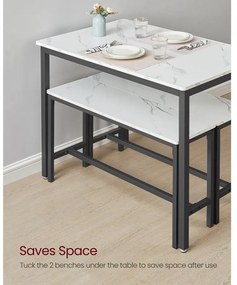 VASAGLE étkezőasztal szett 4 fő részére, konyhaasztal 2 paddal, márványfehér és tintafekete színben