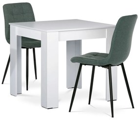 Set de sufragerie 1+2, masă 80x80 cm, MDF alb, scaune cu tapițerie din material verde