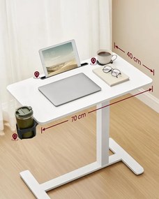 Gurulós ágy melletti asztal, kis állítható magasságú asztal, 70 × 40 cm-es asztallap, fehér