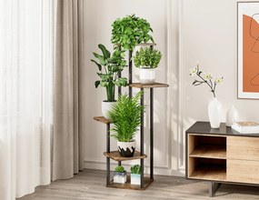 ADITE 5 polcos virágállvány fémvázzal, 30 x 30 x 106,5 cm, rusztikus fa/fekete