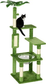 PawHut Több szintes macskaf(%k)(f)as, függőággyal, kaparóoszloppal, játékgolyóval és dekoratív levelekkel, plüss borítással, 49x49x142 cm, Zöld | Aoso