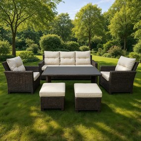 NAGY KERTI BÚTORSZETT (KANAPÉ, 2 FOTEL, 2 PUFF, ASZTAL) - BARNA, PÁRNÁK - BÉZS