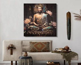 Arany Buddha Falikép Lótuszvirágokkal – Vászonkép 100×100 cm