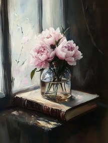 Vászonkép Canvas Virágok Bazsarózsa Peonie Csokor Könyv Ablak 75x100