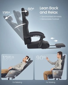 Ergonomikus játékos szék lábtartóval, karfákkal, tintafekete