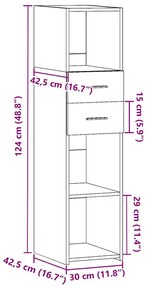 betonszürke szerelt fa magasszekrény 30 x 42,5 x 124 cm