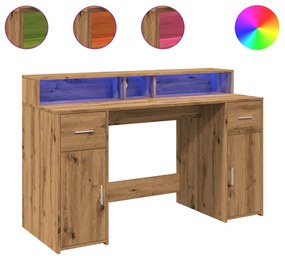 kézműves tölgy színű szerelt fa LED-es íróasztal 140x55x91 cm