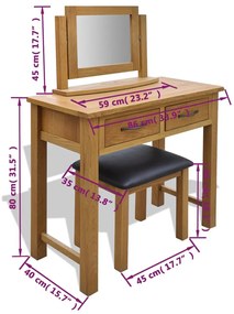 tömör tölgyfa fésülködőasztal zsámollyal