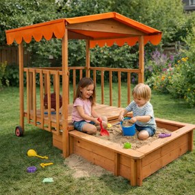 HAPPY verandás homokozó, 130x130x143cm, barna/narancs Jurhan