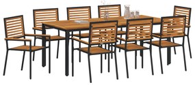 9 Részes Kerti Étkezőszett Fekete Poli Rattan Akácia, Egymásra Rakható Kerti Székek Párnákkal 2 db Fekete Poli Rattan, Kerti Asztal 200x90x75 cm Tömör Akácia Fa és Fém