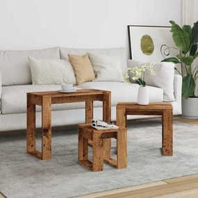 3 db antik fa színű szerelt fa egymásba tolható asztal