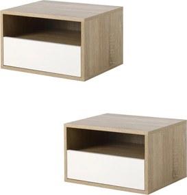 HOMCOM 2 db Függesztett Éjjeli Szekrény Fa Fiókkal és Nyitott Polccal, Modern Dizájn 45x35x27.5cm, Fehér és Fa Szín | Aosom