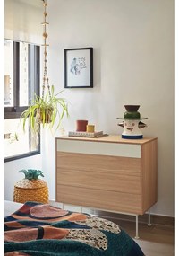 Yoko krémfehér fiókos komód tölgyfa dekorral - Teulat