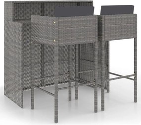 vidaXL 3 részes szürke polyrattan kerti bárszett párnákkal