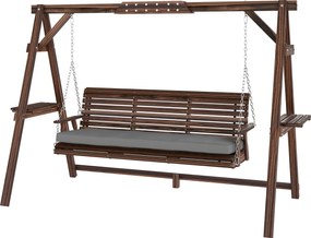 Outsunny 3 személyes fa hollywood-hinta párnázott ülőkével és oldaltálcákkal — karbonizált felület, 330 kg teherbírás | Aosom