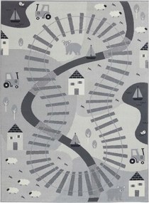 Puha szürke gyerekszőnyeg,vonatpálya 80x150cm