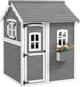 Outsunny Gyermek Játékház 3-8 Éveseknek 6 Ablakkal és Virágtartóval, Fából készült Játékház, 104,5x110x137 cm, Szürke | Aosom