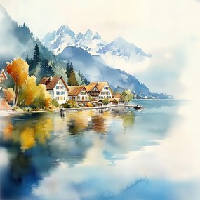 Vászonkép Canvas Tájkép Ősz Hegyek Alpok Tó Házikók 80x80