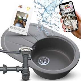 Gránit Egymedencés Mosogató Szürke Ovális Konyhai Csepegtetővel 3az1ben