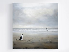 Vászonkép Canvas Tájkép Tenger Tengerpart Hullámok Macska Sirály Szürke 80x80