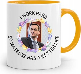 Sárga Politikus Bögre Mateusz Morawiecki Miniszterelnök fényképes nyomtatással