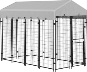 PawHut Kültéri Kutya Kennel, Nagy Fém Kutya Ketrec Anti-UV Vízálló Tetővel és Kétrekeszes Ajtóval, 239x121x183cm, Ezüst | Aosom