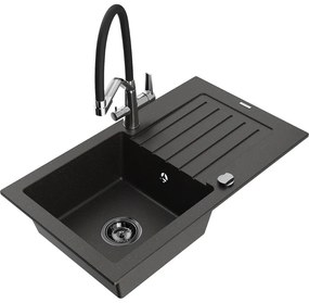 Mexen Pablo gránit egymedencés mosogató csepegtetővel és Duo konyhai csapteleppel, fekete/arany metál - 6510-75-671701-07-B