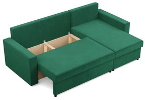 Zeus sarokkanapé, 2 ágyneműtartóval, egyenes kartámasz, bársony, univerzális oldal, bonell töltet, zöld