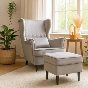 Elegáns Füles Fotel Lábtartóval Szürke Bársony Kárpittal. EVAN 2