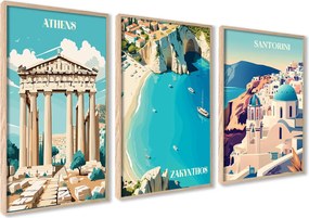 Poszter szett Retro Görögország Santorini Athén Nyár Utazás Képek Keretekkel