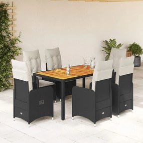 7 részes fekete polyrattan kerti bisztrógarnitúra párnákkal