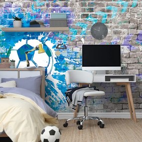 Öntapadó tapéta kék focilabda tégla fal háttéren