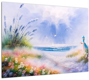 Kép - romantikus tengerpart, olajfestmény (üvegen) (70x50 cm)