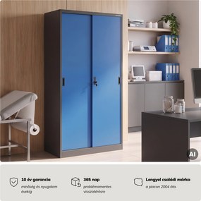 Fém irodai szekrény tolóajtókkal, antracit-kék, 900x1850x400 mm: KUBA