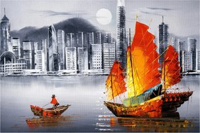 Festmény - Victoria Harbour, Hong Kong, fekete-fehér olajfestmény (90x60 cm)